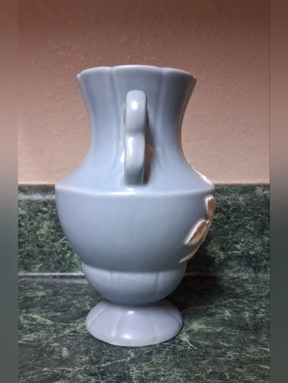 Vintage Weller Pottery Flower Vase Blue w/White Cameo Flowers 7.25